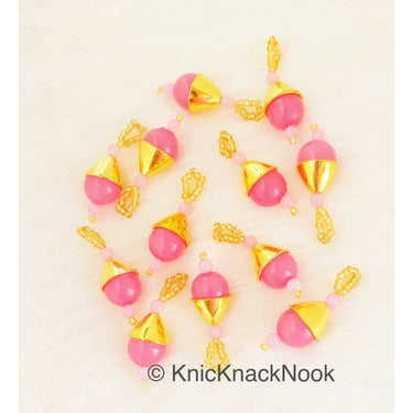 Pink Bead Tassels Latkan, Indian Antique Distressed Latkans, Gold Beaded Danglers